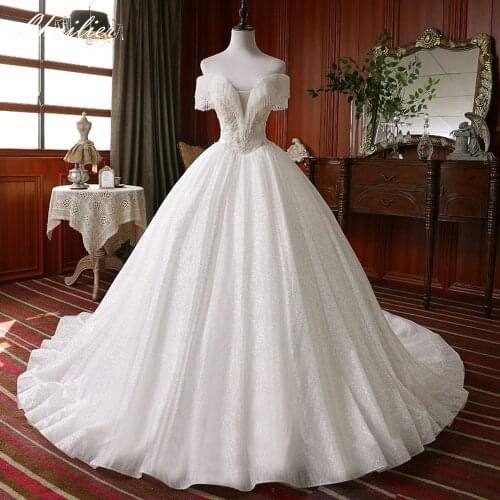 Lhuilier Off the Shoulder Ball Gown Tulle Wedding Dresses 2020 Floor Length Luxury Boat Neck Shiny Beaded Bridal Dress