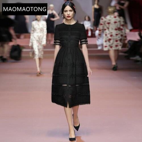 2021 Summer Fashion Black Midi Dress Women Runway Elegant Short sleeve Single-breasted Hollow Embroidered Party Dress