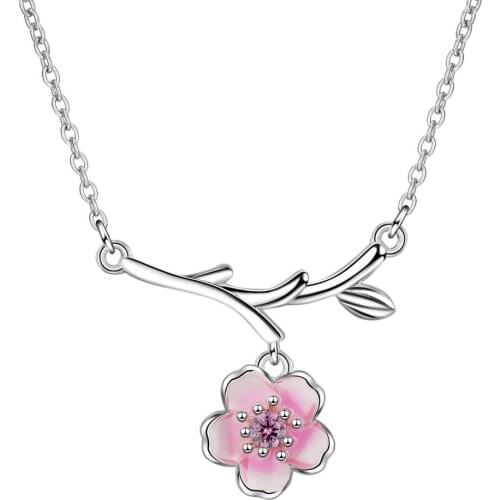Romantic 925 Sterling Silver Pink Cherry Blossom Necklaces For Women Zircon Epoxy Flower Pendant Necklace