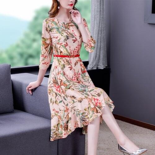 Women Three-quarter Sleeve Floral Chiffon Dress Summer 2021 New Temperament Slim Irregular Printed Party Dress