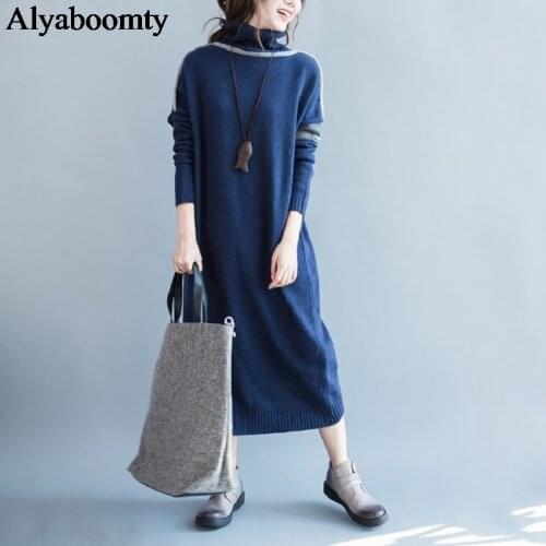 2021 Autumn Winter Women Plus Size Warm Dress Turtleneck Blue Knitted Casual Vestidos Longo Thicken Elegant Loose Sweater Dress