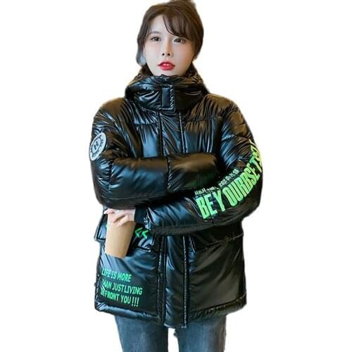Winter Padded Womens Hooded Jacket 2021 New Bright Face Padded Plus Size Short Jacket Fashion Letter Printing Overcoat Women
