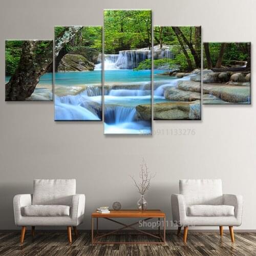 HD Prints Canvas Posters Home Decor 5 Pieces Natural Waterfall Paintings Wall Art Scenery Pictures Modular Living Room Framework