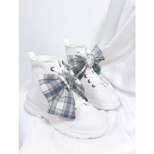 Big Bowknot Lace-up Lolita White Martin Boots High Top Mid Heel Flats Platform Lolita Boots Sweet Kawaii Goth New Designer Shoes