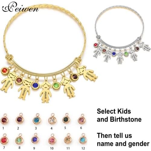 Personalized Boy Girl Charm Bracelets with Birthstone Stainless Steel Women Men Kids Engraved Name Date Bangles Family Jewelry