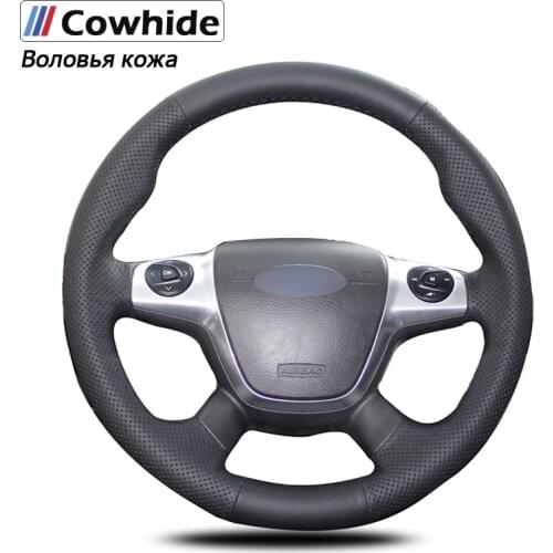 Handsewing Black Genuine Leather Steering Wheel Covers for Ford Focus 3 2012-2014 KUGA Escape 2013-2016 C-MAX 2011-2014