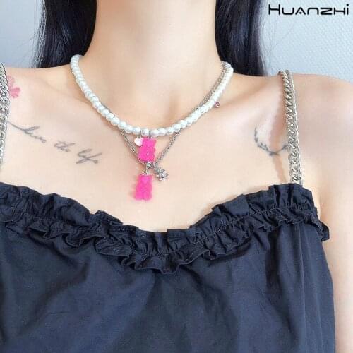 HUANZHI 2021 New Colorful Transparent Acrylic Resin Bear Pearl Double Layer Clavicle Necklace for Women Girls Party Jewelry Gift