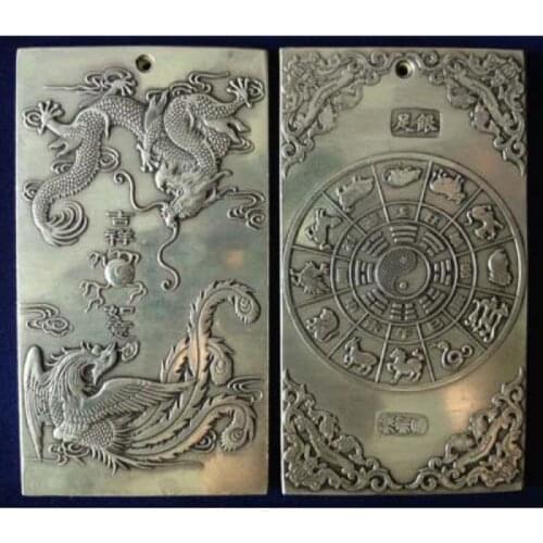 Elaborate Chinese Old Tibetan Silver Dragon Phoenix Statue Amulet Auspicious Plate