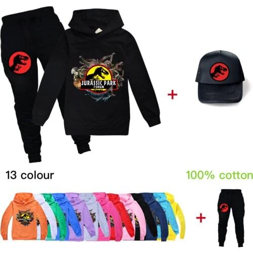 New dinosaur print jurassic park hoodies+pants two-piece suit boys clothes sweatshirts winter kids top girls sport outfit+Sunhat