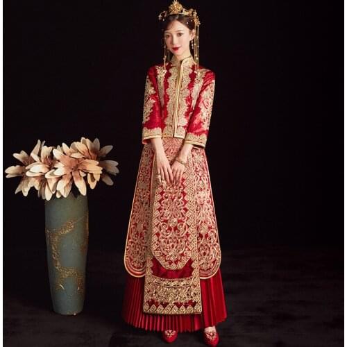 Red Royal Bride Wedding Dress Cheongsam Costume Vintage Chinese Style Traditional Embroidery Tang Suit Qipao