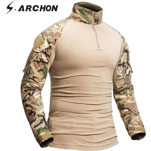 S.ARCHON Military Camouflage Shirt Men Cotton Long Sleeve Camo Army Tactical T Shirt Paintball Multicam Uniform Combat Shirts