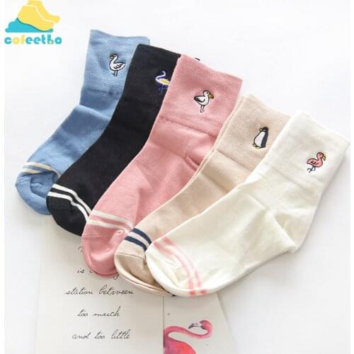 Embroidery Birds Socks Swan Penguin Flamingo Seagull Women Dove Stripes Soft Comfortable Socks Female Cotton Spring Fall Meias