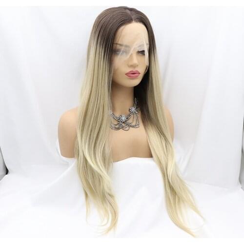 Long Straight Ombre 613 Blonde Synthetic Lace Front Wig Black Dark Roots Natural Wave Wigs Frontal Glueless Cosplay Hair Women