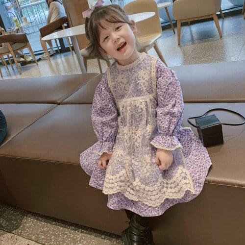 Girls Floral Flare Long Sleeve Floral Dress with Lace Apron Two Pieces Sets 2020 Autumn Toddler Children Fashion Priness Dresses