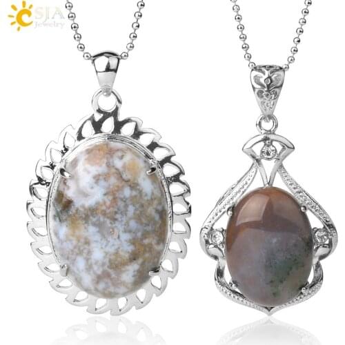 CSJA Indian Onyx Pendant Natural Stone Hollow Necklaces Cabochon Green Agates Zircon Silver Color Men Female Charm Jewelry G268
