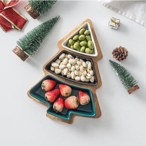 Christmas Plates Tree Shape Ceramic Plate with Bamboo Board Snacks Plates Candy Nuts Fruit Tableware Party Supplies Dinnerware