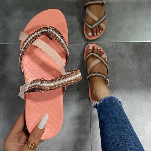 Women 2021 Summer Hook & Loop Slides Flat Adult Non-slip Outside Sandals Slippers Female Lace-Up Slipper Plus Size 45 Flip Flops