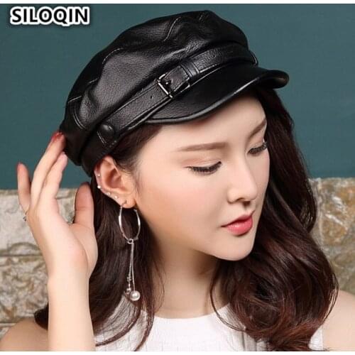 SILOQIN Genuine Leather Hat 2019 New Style Womens Elegance Leather Military Hats Mens Cowhide Caps Brand Trend Flat Cap Unisex