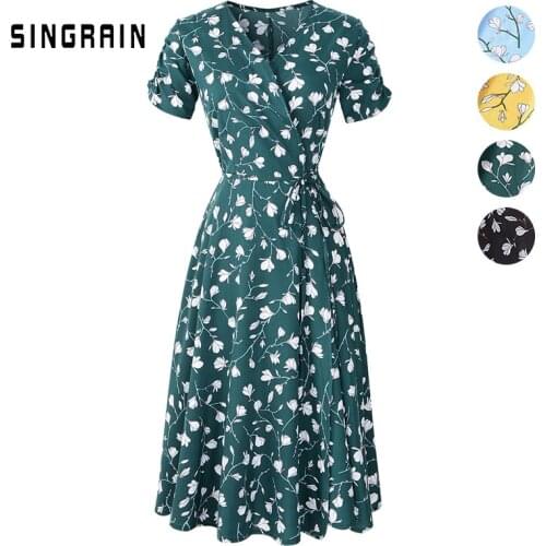 SINGRAIN New Summer Print Floral Dress Women V Neck Short Sleeves Chiffon Bohemian Dresses Beach Midi Female Wrap Long Dress