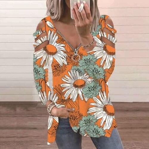 Women Floral Print Long Sleeve T Shirt Casual Zipper V Neck T-shirt Female Elegant Ladies Off Shoulder Tops Tee Plus Size