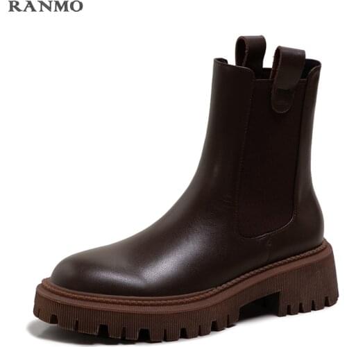 2021 Women Leather Autumn Boots for Women Platform Chelsea Boot Spring Cowhide Booties Fashion Female Thick Bottom Black Bootie