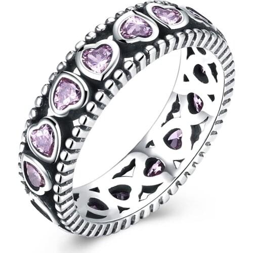 Vintage S925 Silver Rings Hollowed Fashion Women 925 Sterling Silver Hearts Rings Pink Zircon CZ Lady Girl Wedding Finger Wears