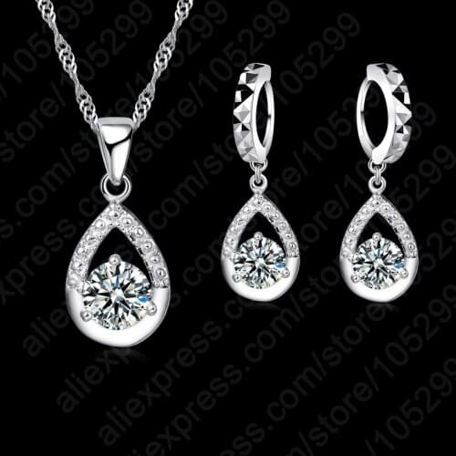 Free Shipping Water Drop Design 925 Sterling Silver High Quality Shiny Cubic Zirconia Jewelry Sets For Women Party