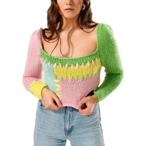 2021 Fashion Women Knit Crop Tops Adults Autumn Color Block Long Sleeve Square Collar Sweater