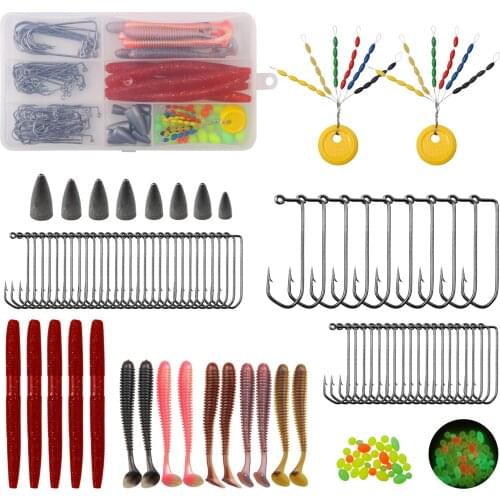 115pcs/box fishing tackle box with aberdeen jig hooks soft earthworm artificial bait float stoppers for Texas rigs lure fishing