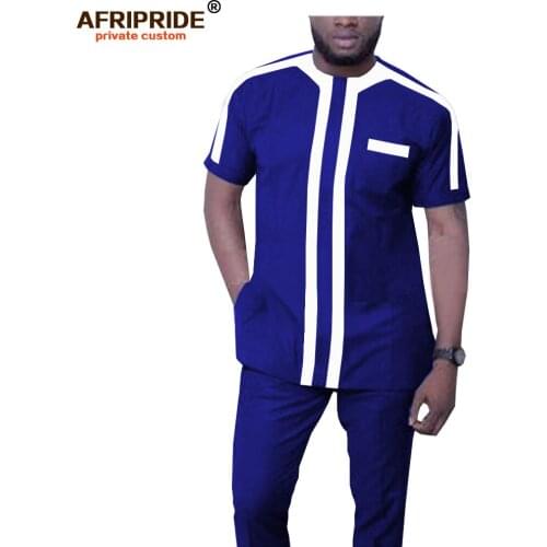 2019 African Men Clothing Big and Tall Dashiki Short Sleeve Tops Blouse+ Ankara Pants Tracksuit Pockets Wax AFRIPRIDE A1916044