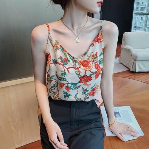 2021Summer Camisole Spaghetti Strap Top Women Halter V Neck Retro printing Sleeveless Satin Silk Tank Tops WomenS y2k top