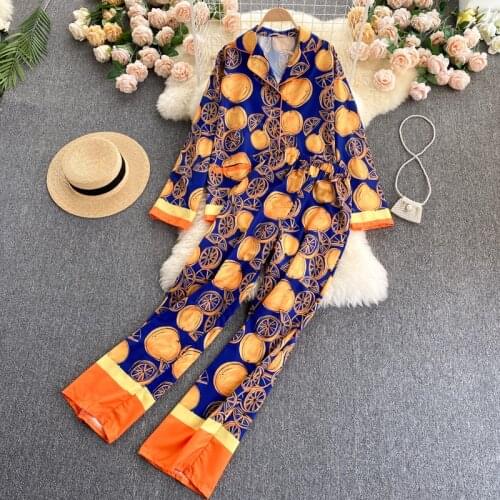 2021 new style pajamas style fried street suit spring and summer new long-sleeved tops niche printed wide-leg pants women