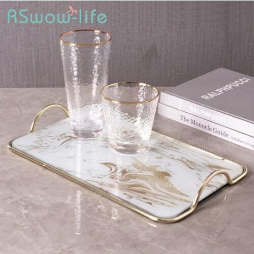 35*20*4.5cm Decorative Trays Simple Metal Glass Trays Light Luxury Living Room Handicraft Decoration Serving Tray Storage Tray