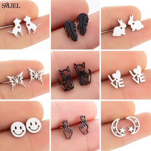 Tiny Black Stainless Steel Stud Earrings for Women Men Punk Snake Heart Dog Love Butterfly Earings Triangle Jewelry Gift