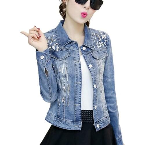 Spring and autumn lapel denim jacket sequin Beading Jeans Coat Loose Long Sleeve Short Denim Jackets Female Outerwear