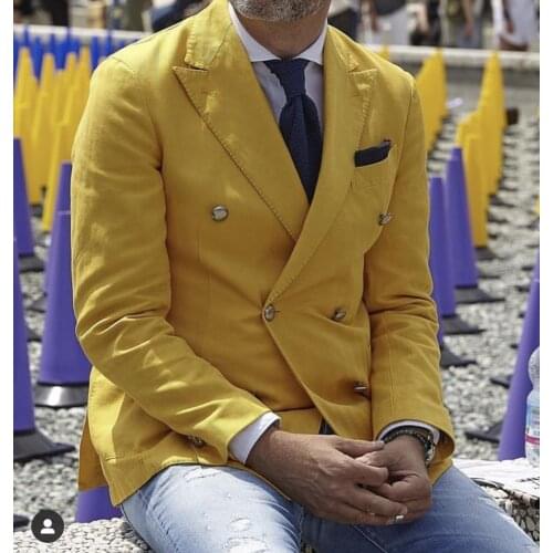 Yellow Double Breasted Costume Homme Slim Fit Men Suits Wedding Tuxedos Groom Prom Best Men Blazer Masculino For One Jacket Only