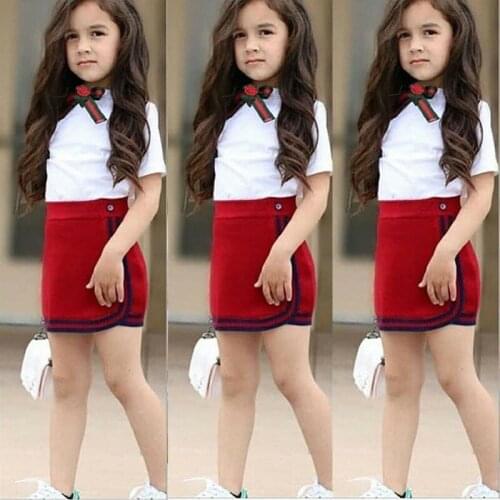 Cute Girls Uniform Newborn Kids Baby Girls Clothes Bow Flower Tie Tops T-shirt Red Skirts Outfits Clothes