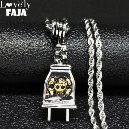Skull Bolt Stainless Steel Punk Statement Necklace Men Silver Color Long Necklaces Jewelry collares largos NZZ4S03
