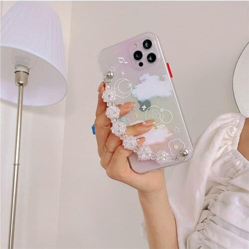 Soft TPU Phone Case for IPhone 12 Pro Mini XR XS Max 7 8 Plus SE 2020 Cover for IPhone 11 Cloud Shell Fundas with Pearl Bracelet