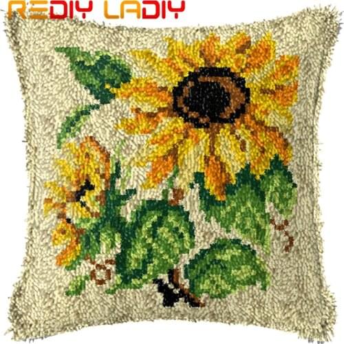 Latch Hook Kit Make Your Own Cushion Golden Sunflowers Printed Canvas Crochet Pillow Case Latch Hook Cushion Cover Hobby & Craft