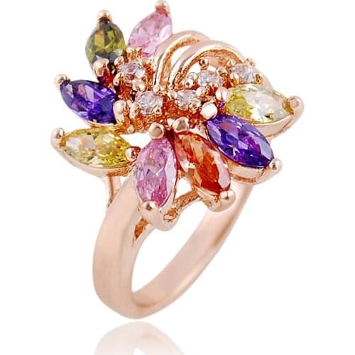 New 585 Rose Gold Color Women Ring Bohemian Jewelry Multi Color Zircon Design Rings for Lady