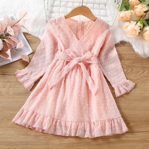 Baby Girl Princess Dress And Belt Pink Solid Color V-Neck Cute Long-Sleeved Big Hem Dress Casual Everyday