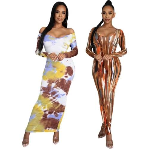 Square Collar Long Sleeve Bag-hip Dress Fashion Tie Dye Print Bodycon Long Dress Women Club Party Dresses Vestidos New Arrivals