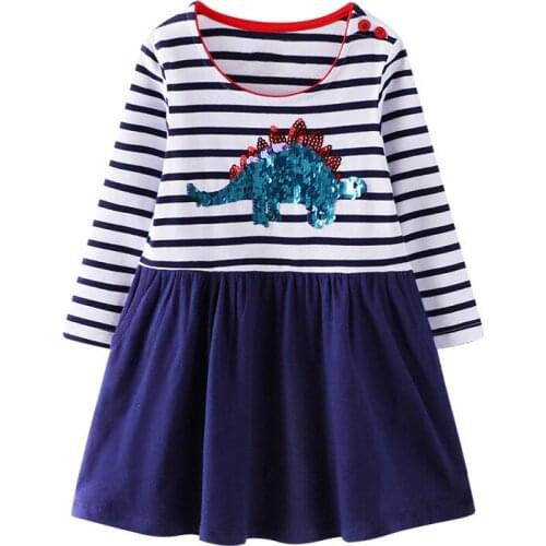 2-7 Years Little Grils Stripe Dinosaur Dress Red Cotton Pocket Golden Sequins Horse Pattern Princess Vestido Girl Casual Dresses