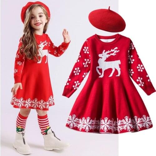 Girls Christmas Dress Autumn Winter Full Sleeve Knitted Sweater Elk Xmas Kids Costume Snowflake New Year Party Children Dresses