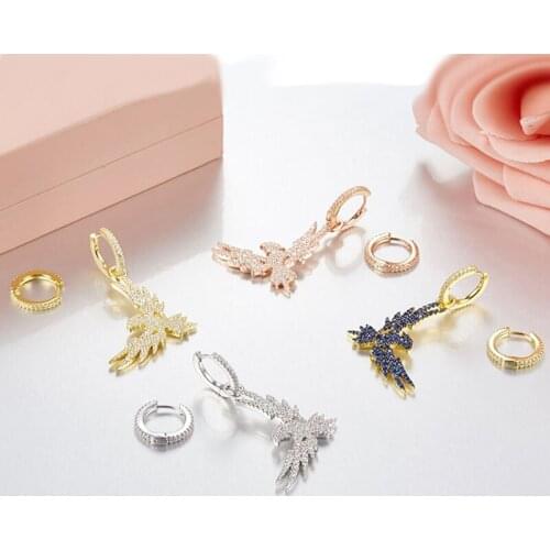 SLJELY Luxury Brand 925 Sterling Silver 3 Gold Colors Asymmetric Eagle Earrings Women Blue CZ Zircon Falcon AB Earrings Jewelry