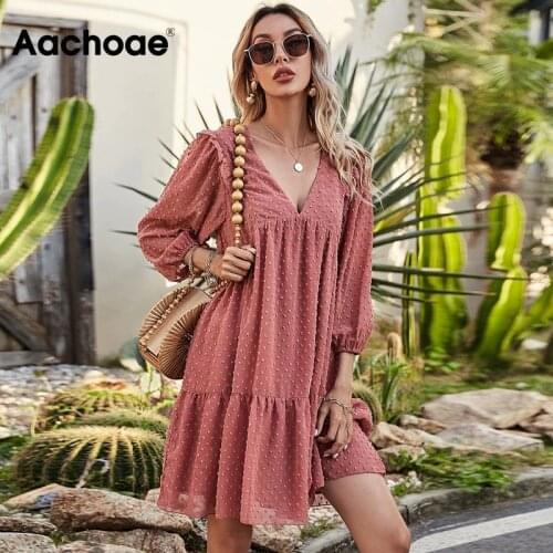 Aachoae Loose Deep V Neck Lace Chiffon Dress Women Ruffles Dot Embroidery Boho Mini Dress Ladies Lantern Sleeve Party Dresses