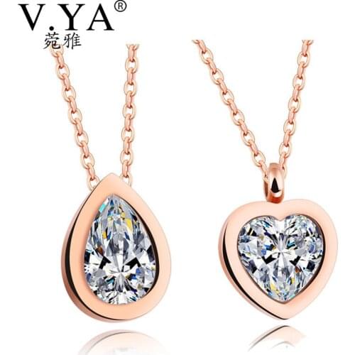V.Ya Classic Oval Heart Water Drop Pedant Necklace For Women Cubic Zirconia Rose Gold Color Stainless Steel Ladies Party Jewelry