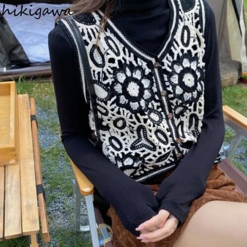 Hikigawa Vintage Sweater Woman Sweaters Y2k Aesthetic Sleeveless Vest V-Neck 2021 Hollow Out Embroidery Tops for Women Cardigans
