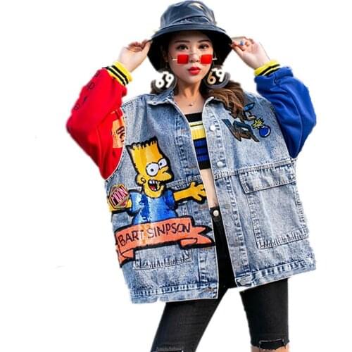 Streetwear Style Cartoon Print Sequined Womens Denim Jacket Coat Female Spring Autumn Casual Loose Cowboy Outwear